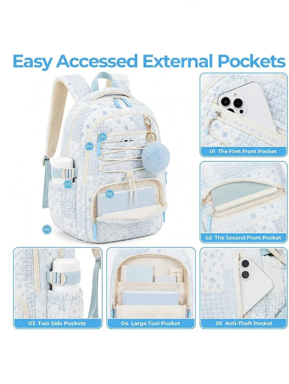 Quilted Backpack 3 Pc Set - Backpack, Insulated Lunch Box, & Pencil Case - NEW